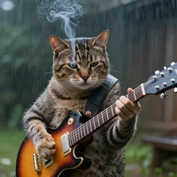 cat smoking and playing guitar in the rain