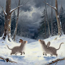 lush chia pet animal frolicking in snowy woods, stormy skies. russian fairytale art, gouache, dynamic composition, backlighting