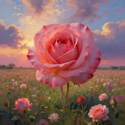 large rose head, girl floating in a flower field, surreal photography, sunrise dramatic light, impressionist painting, colorful clouds, digital painting, artstation, simon stalenhag