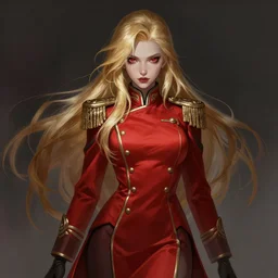 a highly detailed illustration of beautiful long dirty blonde haired pale girl wearing red epaulette uniform, red eyes, dramatic seductive pose, intricate, elegant, highly detailed, centered, digital painting, artstation, concept art, smooth, sharp focus, league of legends concept art, WLOP