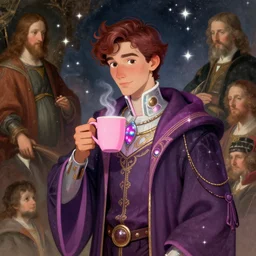 portrait of a ( ( ( grande y rosa una taza de cafe ) ) ), ( ( dotado futuristic guapo y joven mago latino gozando ) ), lleno de estrellas y magia, concept character, by filip hodas and mucha and botticelli and bob ross and bierstadt and remington, trending on artstation