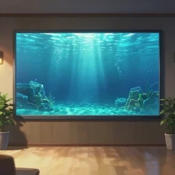 anime background clean neat clarity professional visual development set design, cozy hall with big screen instead of one wall, sparse plants, dim painterly lighting volumetric aquatics, impasto, trending on pixiv