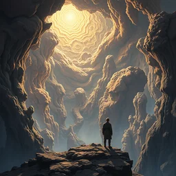 a man standing astonished, hyper detailed, fractal essence, transcending, infinity, miyazaki, illustration, dan seagrave