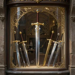 shop window for magical weapons, magic sword, deep focus, d & d, fantasy, intricate, elegant, highly detailed, digital painting, artstation, concept art, matte, sharp focus, illustration, hearthstone, art by artgerm and greg rutkowski and alphonse mucha