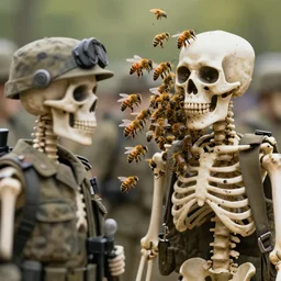 photograph of a bee swarm attacking a skeleton army