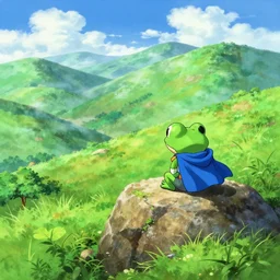 squaresoft akira toriyama chrono trigger chronotrigger!!!!!!!!!!!!!! tiny frog character, blue cape, seated on top of a rock next to a lush green hillside, valley clouds, a detailed painting by hayao miyazaki, pixiv contest winner, plein air, 2 d game art, official art, detailed painting