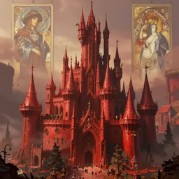concept art of a magical castle, depth of field background, artstation, award - winning realistic sci - fi concept art by jim burns and greg rutkowski, beksinski, a concept art masterpiece, red color palette, james gilleard, bruegel, alphonse mucha, and yoshitaka amano.