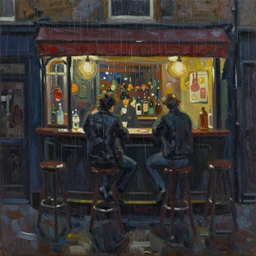 nostalgic oil on canvas painting if a bar at night in the 80s London. Every brush stroke is intermittent. Painted in the style of rain