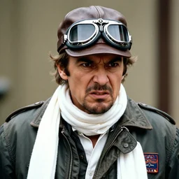 headshot of josh mostel wearing a leather cap and aviator goggles, he is also wearing an a 2 flight jacket, a long white scarf is wrapped around his neck, he has a 5 o'clock shadow, a crazed angry look on his face