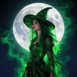 beautiful witch in front of the full big moon, visionary painting, psychedelic vibrant colors, green emerald smoke outline, + gi, backlit, global illumination, physically based rendering, cinematic lighting, Hyperspectral Imaging, vintage, cinecolor, megapixel, super-resolution, 48k, ray tracing reflections, diffraction grading, lumen reflections, ray tracing ambient occlusion, de-noise, sfx, detailed and intricate, ultra defined texture detail, naturally life-like, octane render