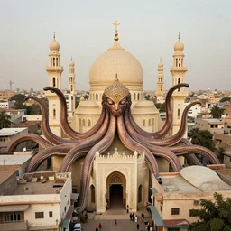 a perfect architectural photograph of the religious buildings of mogadishu, in reverent worship of the cephalod premier deity. tentacles join every home to the spiritual heart. fine art, gallery lighting, solemn, and exquisite