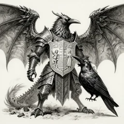 a crow knight with dragonscales, attack profile angle, centered on family crest, coat of arms, pencil and ink, very detailed, artstation, mysterious, mythical, greek mythology, norse mythology, full frame, dramatic shading, jonathan pointer, janie penny,
