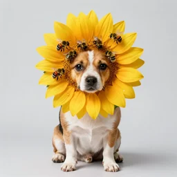 dog wearing a sunflower as a hat covered in bumblebees, photo realistic, colorful lighting, realistic shadows