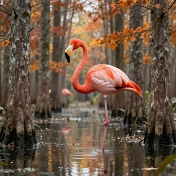 a stunning ultra detailed fantasy fine art illustration of flamingo by a reflective swamp in a bald cypress tree forest in autumn, by gediminas pranckevicius and tomasz alen kopera, foggy, crepuscular rays, artstation, 8 k, deep depth of field, golden hour hues, vibrant colors, golden ratio composition