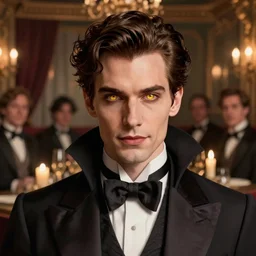 portrait of a male vampire socialite, victorian salon, gold eyes, realistic, natural, octane render, rossdraws, tom bagshaw, ross tran, charlie bowater, ruan jia, greg rutkowski, 1 6 k, warm candlelight, character illustration, headroom