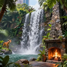 times square with waterfalls and jungle animals, fireplace, hyperdetailed, artstation, cgsociety, 8 k