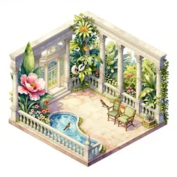 isomeric view, railing, stairway, chairs, delicate water in a botanic garden, garden road, sparrows, temple in a botanical herbarium paper, watercolor colored painting, iridescent colors, 8 k, realistic shaded, fine details, artstation, italian style, colonnade, huge flowers, architecture