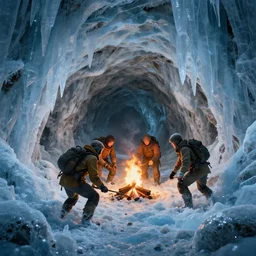 concept art of a cave completely covered in ice with three adventurer inside trying to light a fire, rpg