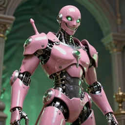 hyperrealistic hyperdetailed medieval mechanical iridescent pink humanoid smirking concept art santiago caruso de chirico sharp very dramatic green light 8k low angle shallow depth of field