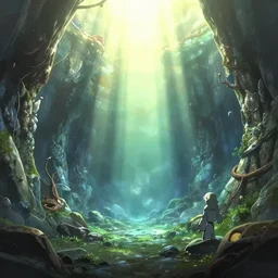 anime key visual from Made in abyss, a panoramic shot of the abyss, beautiful lighting, god rays, stunning anime art