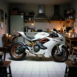 huge ducati panigrale motorbike, crammed into cluttered small cozy kitchen, darkroom, candles, chairs and tables, white tile on the floor, overexposed, by paolo pellegrin, by trent parke, prize winning photo, high contrast color film