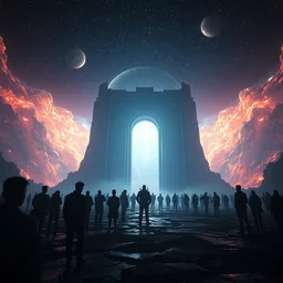an upshot to a gate in space to another dimension, people looking up from the gate, apocalyptic, volumetric illumination, octane render, 8 k