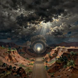 a tunnel in the sky with a light at the end, a detailed matte painting by john martin, cgsociety, fantasy art, matte painting, volumetric lighting, terragen