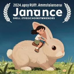 A young girl riding on a giant rabbit in an animated style, stunning, award winning, sundance animation winner