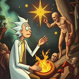 rick, from rick and morty, as god and adam, in the creation of adam, by michelangelo