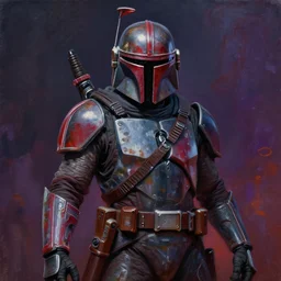 portrait of apocalyptic demonic mandalorian, cool pose, dark vibrant colors, futuristic cyberpunk fashion, oil painting by michael whelan art, sharp focus, realistic, rusty helmet, 8 k