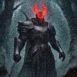 extremely detailed artwork of an armored dark figure in a dark evil forest, glowing crimson head, crimson fire head, Sauron, Ultron, speedster, fantasy art, fog, heavy armor, knights armor, cinematic pose, 8k, villain