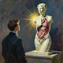 a painting by edward hopper of a man looking at a sculpture of a human body with its organs ripped out