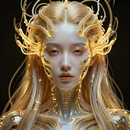 very beautiful woman, full face frontal centered, portrait, detailed intricate symmetrical ornate neon cables connected to head, clear lips, luxurious long hair, sophisticated abundent wiring and implants, translucent, porcelain, fractal, sci - fi, golden, dramatic lighting, photography, highly detailed, trending on artstation, deviantart, 8 k, by chie yoshii