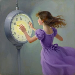 a painting of a girl wearing a purple dress, using a time machine to go back in time.