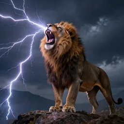 a lion roaring on a mountain with lighting bolts shooting from its mouth, dramatic lighting, cinematic, establishing shot, extremely high detail, photo realistic, cinematic lighting, post processed, concept art, artstation, matte painting, style by eddie mendoza, raphael lacoste, alex ross