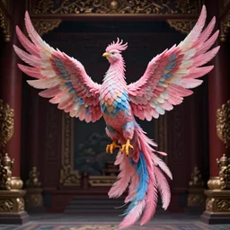 a photo of 8k ultra realistic pink and blue phoenix in a dark room, ornate, cinematic lighting, trending on artstation, 4k, hyperrealistic, focused, high details, unreal engine 5, cinematic, masterpiece