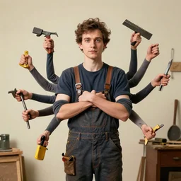 a young man with 8 arms holding multiple carpentry tools, by beeple