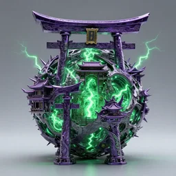 3 d photographic render of a deconstructed torii mandelbulb sculpture, green bioluminescent chrometype, made of liquid purple metal, neotribal with thorns and green thunders, cyberpunk japanese temple, raytraced, hyper realistic, volumetric lightning, 8 k, by zhelong xu, ouchh and and innate studio