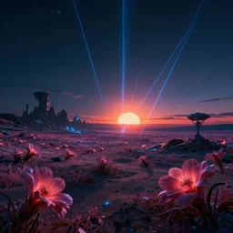 urbex by benedek vass, tundra cyberpunk flowers laser bladerunner 2 0 4 9 vaporwave landscape at night nature infrared sunlight wilderness apocalyptic gem sunset cgsociety extraterrestial synthwave dramatic lighting studio ghibli san andreas at dusk fisheye galactic otherworldly desert nightvision, archdaily, wallpaper, highly detailed, trending on artstation.