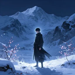 crow alchemist boy in the flowering snowy mountains. complementary colors, indie concept art, luminescent, 4 k, chiaroscuro, rimlight.