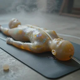 close - up of iridiscent oil slick corpses connected by a transparent pipe to a wax form relaxing on yoga mat, faded, gradient, fog, smoke, depth of field, blur, very detailed, glitch, by nadav kander and hans bellmer, 8 k, ultrarealistic, ultradetailed, sad atmosphere, cinematic
