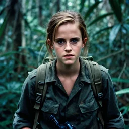 film still, close up, portrait, emma watson soldier hiking through dense vietnam jungle, award winning, award winning, award winning, film still from apocalypse now ( 1 9 7 9 ), 2 6 mm, kodak ektachrome, blue tint ektachrome film,