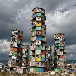 towers made up of colourful makeshift squatter shacks, bleached colours, moody cloudy sky, dystopia, mamiya, very detailed, photographed by cristina de middel