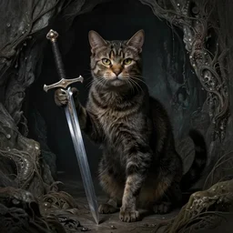 photo of cat, holding a sword and standing in a grotto, photorealistic, dark, lovecraft, paul carrick, atmospheric lighting, painted, intricate, ultra detailed, well composed, best on artstation, cgsociety, epic, stunning, gorgeous, intricate detail, wow, masterpiece