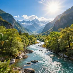 a photorealistic portrait, stunningly beautiful colorful fantasy landscape, professionally retouched, soft lighting, hyper realistic, hyper detailed river, mountains, deciduous trees, beautifully detailed bright blue sky, big sun, wide angle, sharp focus, 8 k high definition, 6 4 megapixels, insanely detailed, stunningly beautiful