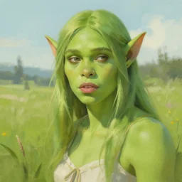 green orc female, light green tone beautiful face in open field, by jeremy mann, greg rutkowski, noah bradley, digital painting
