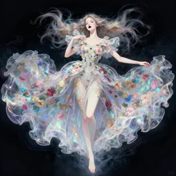 fullbody artwork of a goddess of dreams, wearing a long flowery dress, in a dynamic action pose, prism, flowey, wispy, wide hips, attractive character, black lipstick, intangible, dreamy, Character concept by yoshitaka amano, WLOP, baroque, alphonse mucha, Akihiko Yoshida, Hyung-tae Kim, alexander mcqueen, trending on Artstation