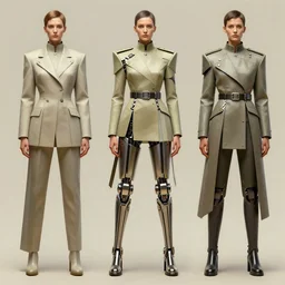 morandi color scheme!! a digital concept art by artgerm and greg rutkowski and alphonse mucha. full body!! a high set geometric tailoring clothes attractive people in hi - tech uniform. military leg mechanical exoskeleton!! long straps. metal belt. matte painting. octane render. hyper detailed