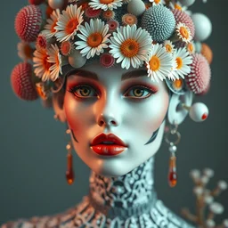 beautiful porcelain ivory woman elegant red plump lips round hazel eyes biomechanical cyborg, elegant haute couture, iris van herpin, laser cut foliage mesh, headdress with daisies, colorful puffballs, mushrooms, rhizomorphs, brackets, fractal sponge corals, hyper detailed, ultra sharp, soft light, 8 k, uhd