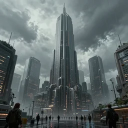 a matte painting of a massive skyscraper in this cyber - frostpunk city, many city dwellers, in the rain, highly detailed, in the style of h. r. giger, dark moody lighting, hyper photorealism, trending on artstation, 8 k